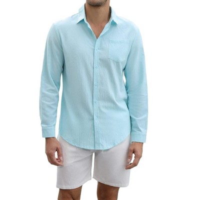 Men's Cotton Linen Sets 2 Piece Tracksuits Long Sleeve Casual Summer Beach Outfits Button Down Shirts and Shorts