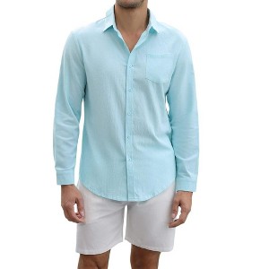 Men's Cotton Linen Sets 2 Piece Tracksuits Long Sleeve Casual Summer Beach Outfits Button Down Shirts and Shorts - 1 of 4