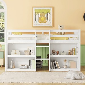 Okak Twin Size Wood Bunk Bed with Two-Tier Shelves & Safety Guardrail Low Loft Bunk Bed with LED for Kids, Easy Assemble, White - 1 of 4