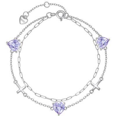 Molenia Birthstone Cross Bracelet for Women, S925 Sterling Silver Heart Dainty Link Charm Double Layer Jewelry Birthday Gift for Her