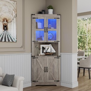 Farmhouse Corner Cabinet with Lights, Tall Corner Storage Cabinet with Glass Door & Adjustable Shelves - 1 of 4