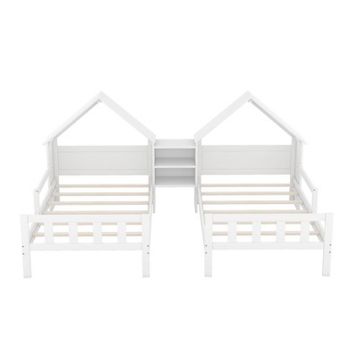 Gulches Double Twin Size Platform Bed - House-Shaped Headboard, Built-in Nightstand, Solid Pine Wood, White
