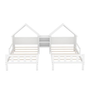 Gulches Double Twin Size Platform Bed - House-Shaped Headboard, Built-in Nightstand, Solid Pine Wood, White - 1 of 4