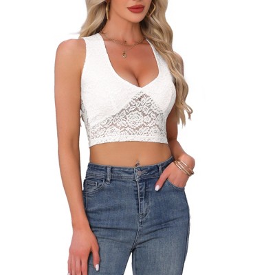 INSPIRE CHIC Women's Floral Lace Deep V Neck Sleeveless Sheer Cropped Cami Tank Tops