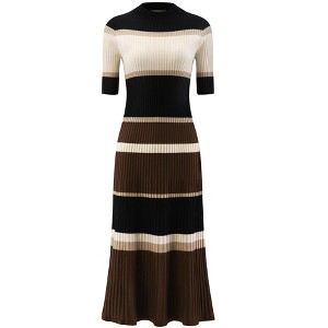 INSPIRE CHIC Women's Striped Ribbed Short Sleeve Midi Basic Knitted Dresses - 1 of 4