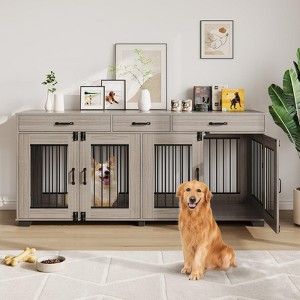 71''Large Dog Crate Furniture for 2 Dogs with 3 Drawers,Wooden Double Crate Large Breed with Door,TV Stand for Medium Large Dogs - 1 of 4