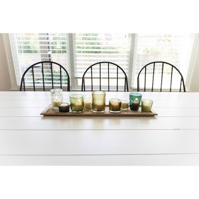 Rustic Wood Tray with Green Glass Votive Candle Holders