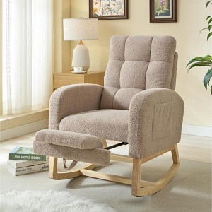 Polyester Rocking Chair with Solid Wood Legs, High Backrest and Side Pocket - 1 of 4