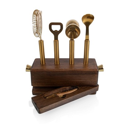 Acacia Wood and Brass 5-Piece Bar Tool Set with Strainer and Jigger
