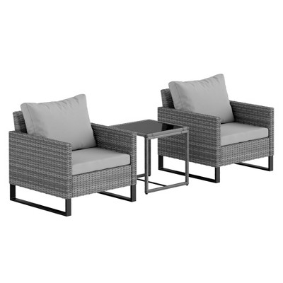 Outsunny 3 Pieces Patio Furniture Set, Wicker Bistro Set with 4 Cushions, Rattan Chairs and Glass Coffee Table for Backyard, Porch, Balcony, Gray