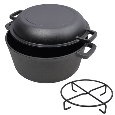 VisioGear 2-In-1 Dutch Oven With Dual Handles, 5 Quart Outdoor Camping Deep Pot With Pot Rack for Camping Fireplace Cooking, Black, 12.5"*10.2"*6.2"