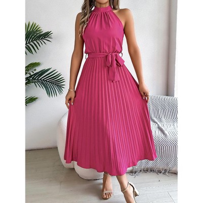 Women Summer Sleeveless Midi Dresses Casual Pleated Mock Neck Midi Dresses With Belt A Line Flowing Dress