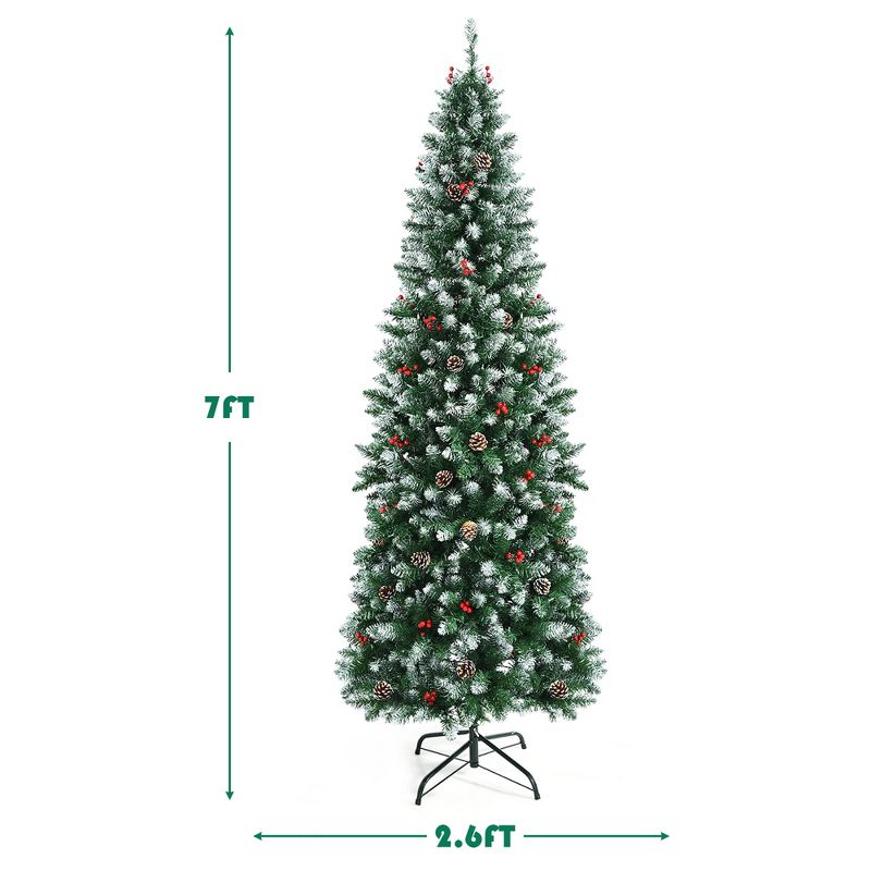 7ft Pre-lit Artificial Hinged Pencil Christmas Tree Decorated Snow Flocked Tips, 4 of 11