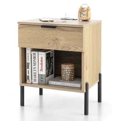 Costway Nightstand with Charging Station Drawer Compartment Modern Side End Table
