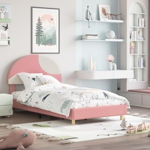 Bed Frame with Round Boucle Headboard, Upholstered Arch-Shaped Design in Soft, Modern Kids Wooden Slats Bed, No Box Spring Required & Easy Assembly - 1 of 4
