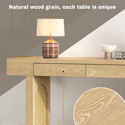 Natural Wood Console Table with Rattan Accents and Storage Drawers