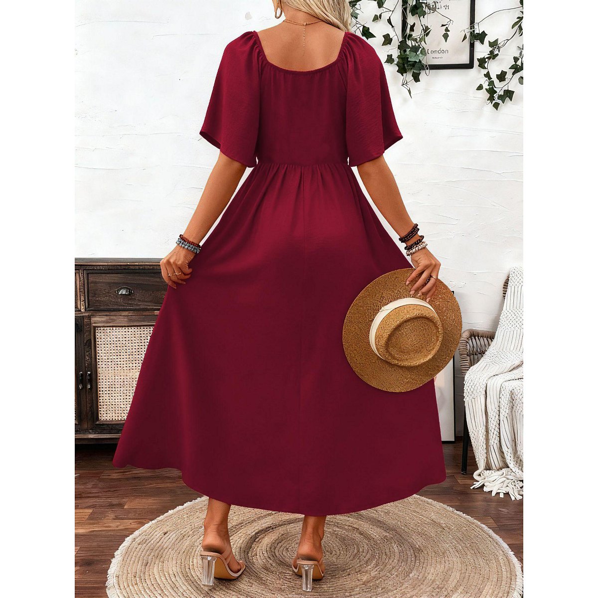 Женские платья Garvee Women's Square Neck Maxi Dress Flutter Sleeve High Waist Backless Flowy A Line Long Dresses Summer Casual Sundresses,Claret - Small — фото 2