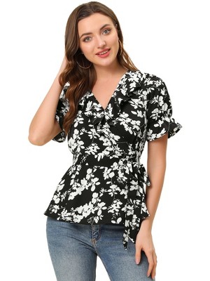INSPIRE CHIC Women's Floral V Neck Tie Waist Short Sleeve Belted Ruffle Wrap Shirt