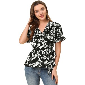 INSPIRE CHIC Women's Floral V Neck Tie Waist Short Sleeve Belted Ruffle Wrap Shirt - 1 of 4