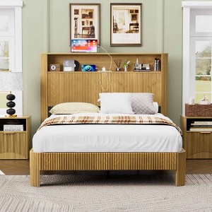 QingMoon Fluted Full XL Bed Frame, Walnut Wood Platform Bed Frame with Storage Headboard and Charging Station, Noise Free Slats - 1 of 4