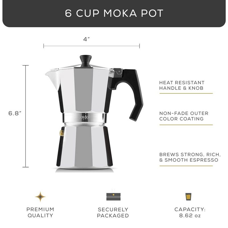 JoyJolt Italian Moka Pot 6 Cup Stovetop Espresso Maker Aluminum Coffee Percolator Coffee Pot - Silver, 3 of 9