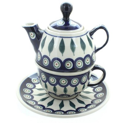 Blue Rose Polish Pottery Peacock Individual Teapot & Cup