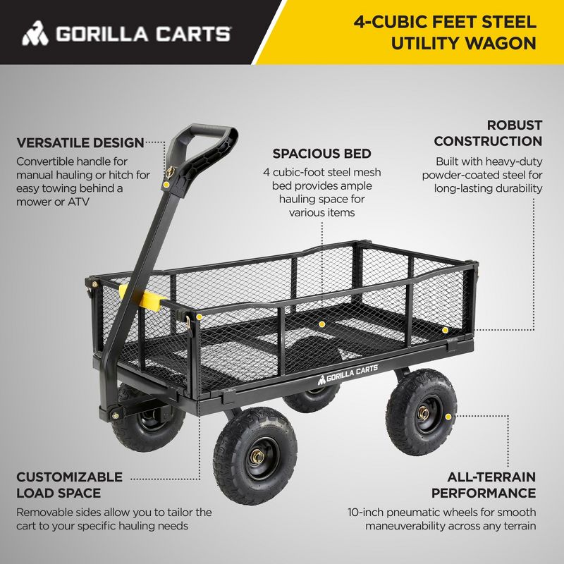 Gorilla Carts Steel Utility Cart, 4 Cubic Feet Heavy Duty Garden Wagon Outdoor Moving Cart with Wheels, 900 Pound Capacity, Removable Sides, Gray, 2 of 7