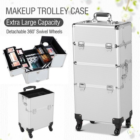 Yaheetech Rolling Aluminum 3 In 1 Makeup Case Trolley Makeup Beauty Box Case,  Silver : Target