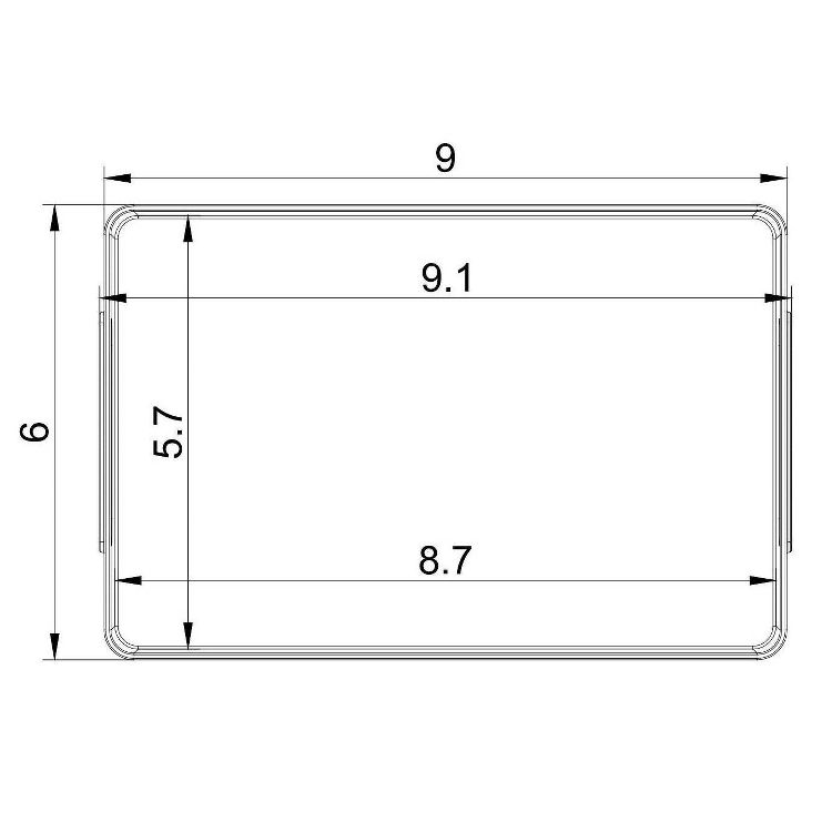 Rectangular bathroom tray with dimensions labeled as 9 by 6, featuring inner measurements of 9.1 by 5.7 and 8.7.