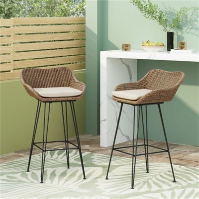 SKRAN 29.25" Set of 2 Outdoor Wicker and Iron Low Back Barstools, Light Brown, with Beige Cushion for Patios and Barbeques, Garden