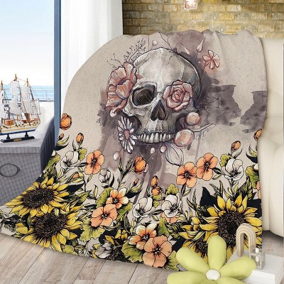 Rustic Skull Sunflower Flannel Throw Blanket Floral Skull Flannel Soft Plush Throw Blanket Cozy Blankets for Bed Chair Car Sofa Couch Bedroom
