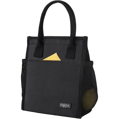 Fmeida Insulated Lunch Bag - Thermal Black with Side & Interior Pockets, Reusable Adult Lunch Tote for Women