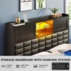 GREENSTELL Queen Bed Frame with Upholstered Storage Headboard Sliding Doors & Drawers and Charging Station & LED Light Wood Black - 2 of 4