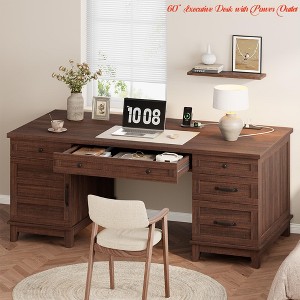 60" Executive Desk w/ Power Outlet, Home Office Desk w/ Drawers, Wooden Work Desk w/File Cabinet, Computer Desk - 1 of 4