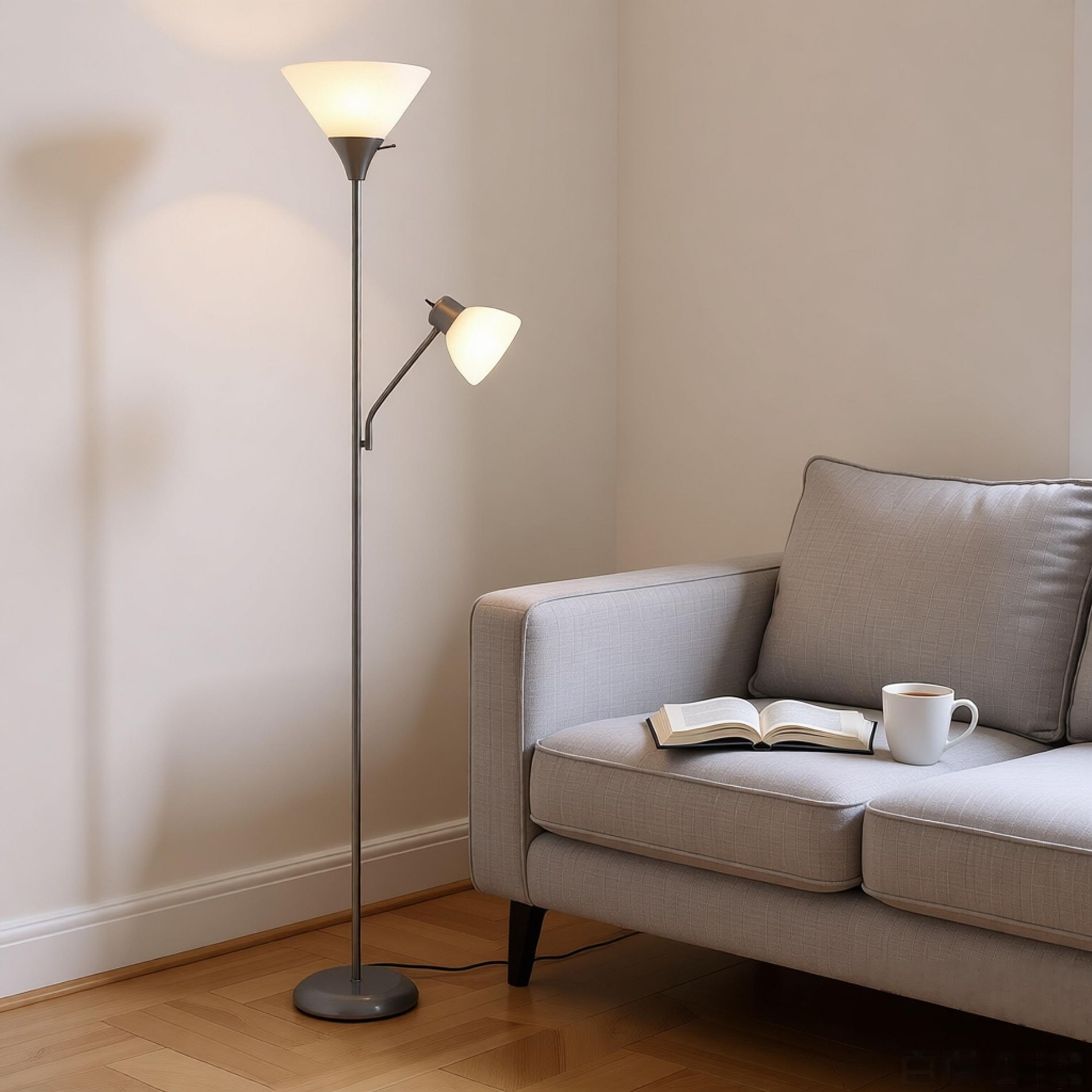 72" Silver Metal Dual-Head Floor Lamp with Frosted White Shades