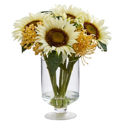 Nearly Natural 12-in Sunflower & Sedum Artificial Arrangement in Vase