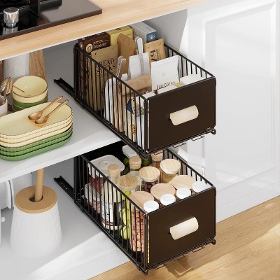 LunaLulinlk 2 Pack Pull Out Cabinet Organizer, No Drill Slide Out Pantry Shelves Drawers with Handle for Kitchen, Cupboard, Bathroom, Pantry, Sink