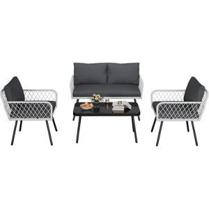 Patio Furniture Set, 2 PE Wicker Chairs with loveseat & Glass Top Coffee Table, Outdoor Couch Set with 5mm Cushions - 1 of 4