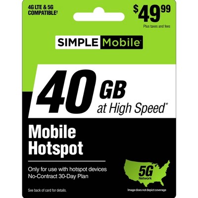 SIMPLE MOBILE Mobile Hotspot 40GB Data 30 Day Plan (EMAIL DELIVERY) - $49.99