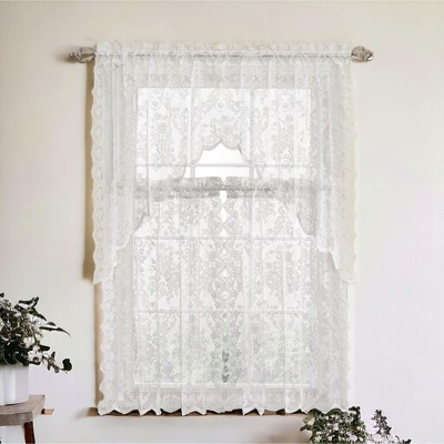 White Lace Floral Sheer Kitchen Window Tier Curtain Set