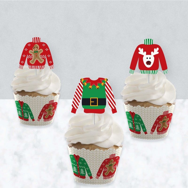 Big Dot of Happiness Ugly Sweater - Cupcake Decoration - Holiday and Christmas Party Cupcake Wrappers and Treat Picks Kit - Set of 24, 3 of 9