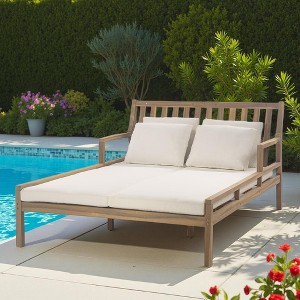 Outdoor Patio Acacia Wood Double Daybed Sunbed with Four Pillows - 1 of 4
