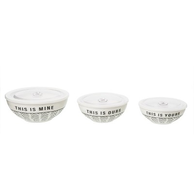 Totalee Gift Yours/ Ours/Mine Bowls w/ Lid Set of 3 Ceramic White