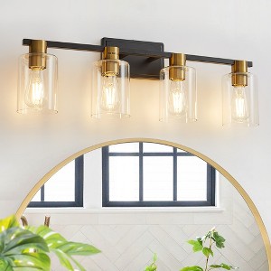 POWLIG 27.36-in 4-Light Black and Gold Modern Dimmable Bathroom Vanity Light with Cylindrical Glass Shade - 1 of 4
