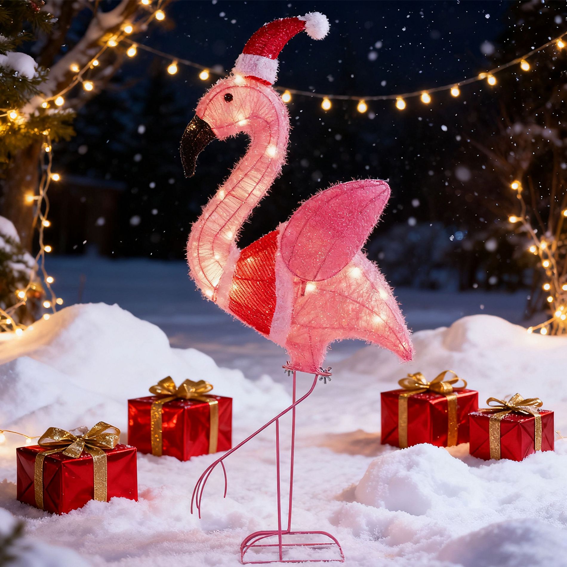 Joyfy 36'' Christmas Outdoor Decorations, Tinsel Flamingo with Christmas Hat Yard Light Decoration with 30 LEDs for Christmas Yard Porch Garden Decor