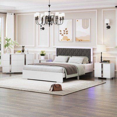 4-Piece Bedroom Sets, Queen Size Upholstered Bed with LED Lights, Mirrored Nightstands and Dresser 4W - ModernLuxe