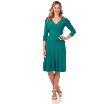 Rekucci Women's Slimming 3/4 Sleeve Fit and Flare Crossover Tummy Control Dress