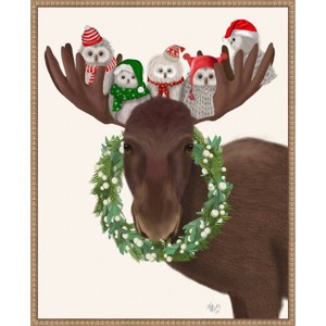 Amanti Art 23"x28" Christmas Moose and Christmas Owls by Fab Funky Framed Canvas Wall Art - 1 of 4