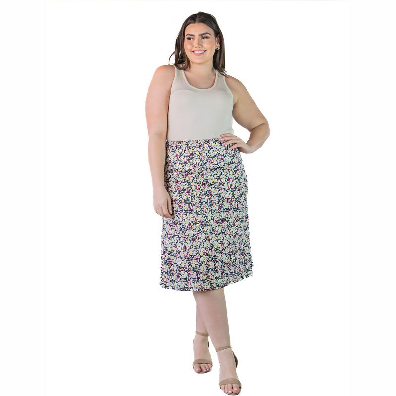 Plus Size Knee Length Floral Print Elastic Waistband Skirt, 5 of 7