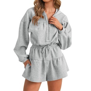 Imily Bela Womens Rompers Half Zip Long Sleeve Hoodies Casual Shorts Drawstring Waist Jumpsuits - 1 of 3